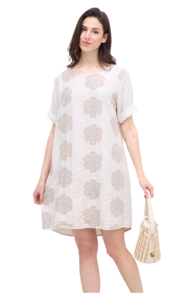 Italian Lagenlook Floral Embroidered Tunic Dress Short Sleeve Summer Dress