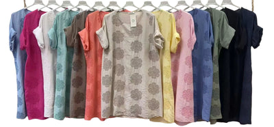 Italian Lagenlook Floral Embroidered Tunic Dress Short Sleeve Summer Dress