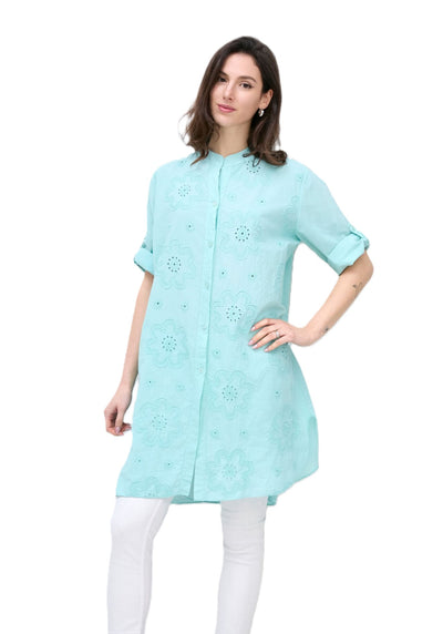 Italian Lagenlook Floral Embroidered Lightweight Cotton Summer Button Through Shirt Dress