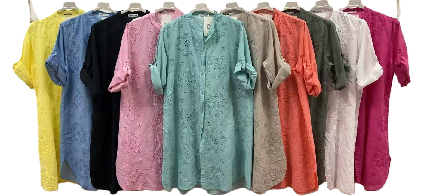 Italian Lagenlook Floral Embroidered Lightweight Cotton Summer Button Through Shirt Dress