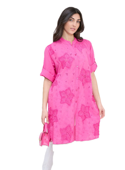 Italian Lagenlook Floral Star Embroidered Lightweight Cotton Summer Button Through Shirt Dress