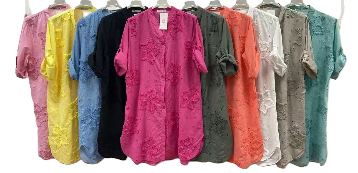 Italian Lagenlook Floral Star Embroidered Lightweight Cotton Summer Button Through Shirt Dress