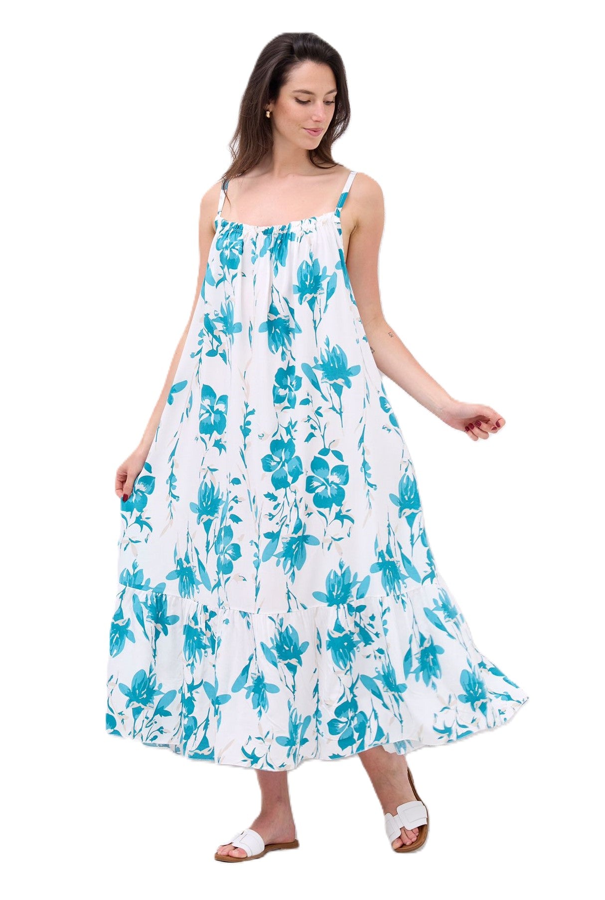 Ladies Italian Lagenlook Floral Elasticated Neckline Tiered Maxi Dress