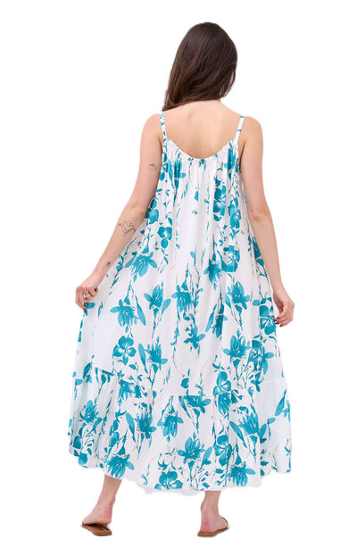 Ladies Italian Lagenlook Floral Elasticated Neckline Tiered Maxi Dress