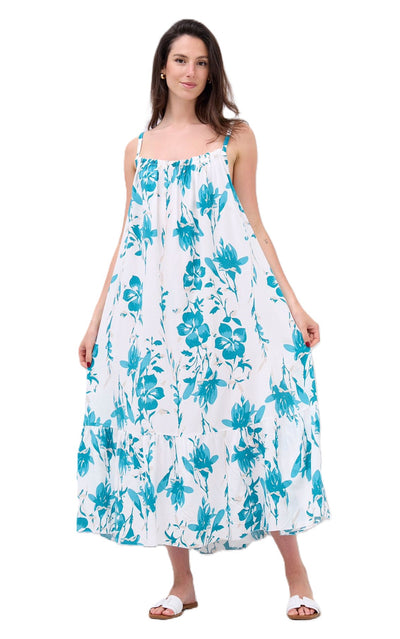 Ladies Italian Lagenlook Floral Elasticated Neckline Tiered Maxi Dress