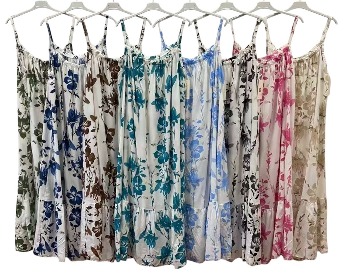 Ladies Italian Lagenlook Floral Elasticated Neckline Tiered Maxi Dress