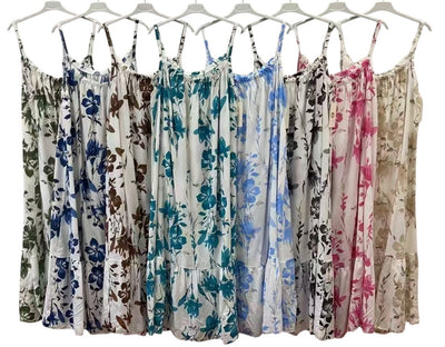Ladies Italian Lagenlook Floral Elasticated Neckline Tiered Maxi Dress