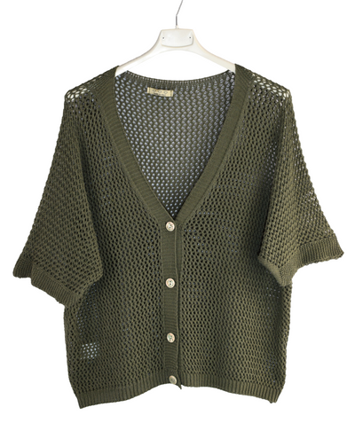 Ladies Italian Lagenlook Crochet Knit Short Sleeve Cardigan Summer