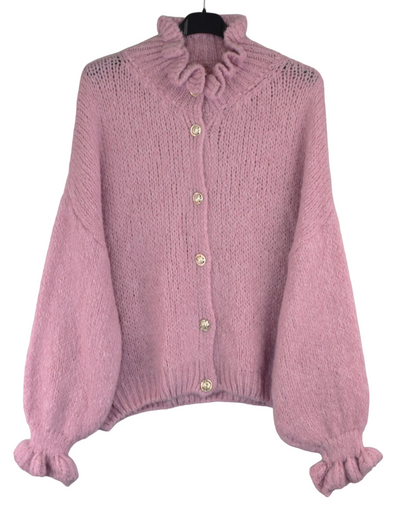 Ladies Italian Lagenlook Soft Mohair Ruffle Neck and Sleeve Button Cardigan