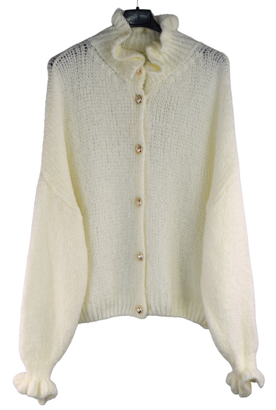 Ladies Italian Lagenlook Soft Mohair Ruffle Neck and Sleeve Button Cardigan