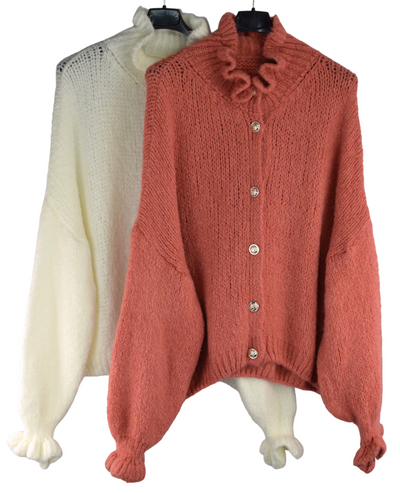 Ladies Italian Lagenlook Soft Mohair Ruffle Neck and Sleeve Button Cardigan