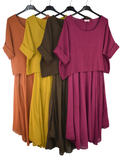 Italian Lagenlook 2 Piece Long Midi Dress Lightweight Summer Dress and Cropped Over Top Set