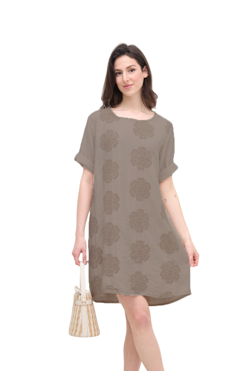 Italian Lagenlook Floral Embroidered Tunic Dress Short Sleeve Summer Dress