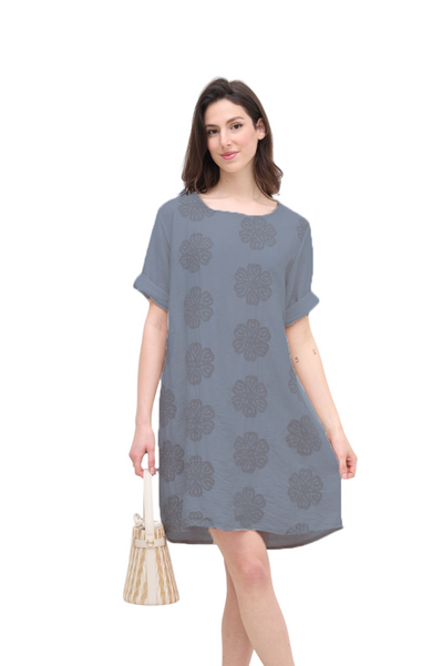Italian Lagenlook Floral Embroidered Tunic Dress Short Sleeve Summer Dress
