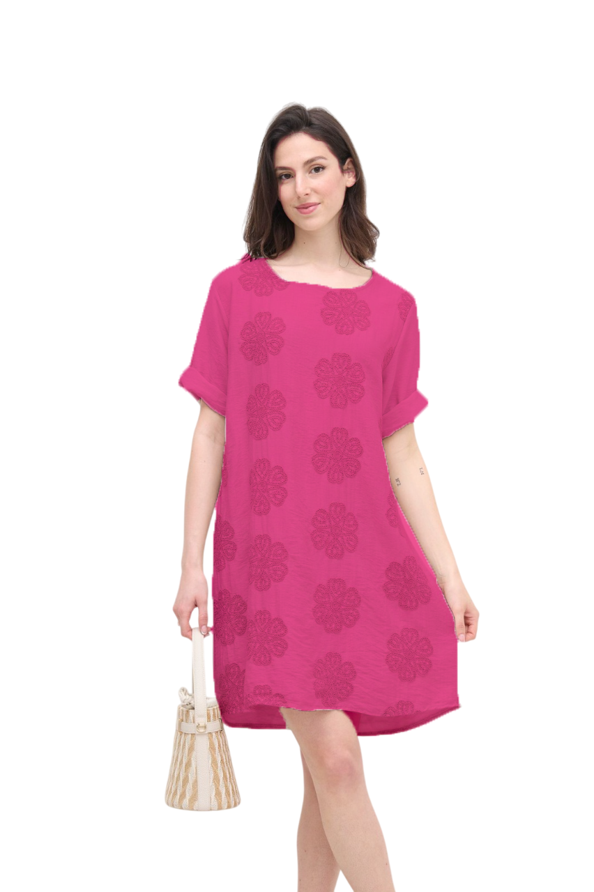 Italian Lagenlook Floral Embroidered Tunic Dress Short Sleeve Summer Dress