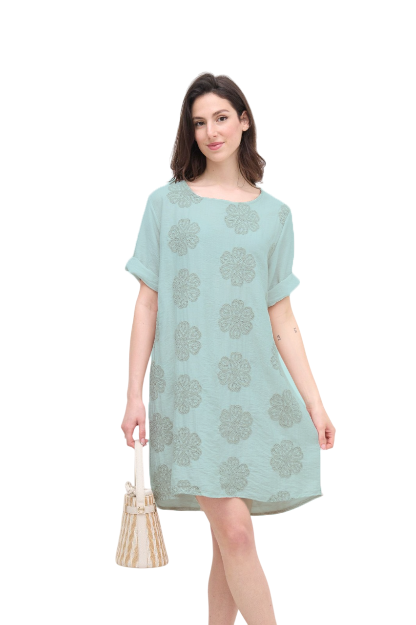 Italian Lagenlook Floral Embroidered Tunic Dress Short Sleeve Summer Dress
