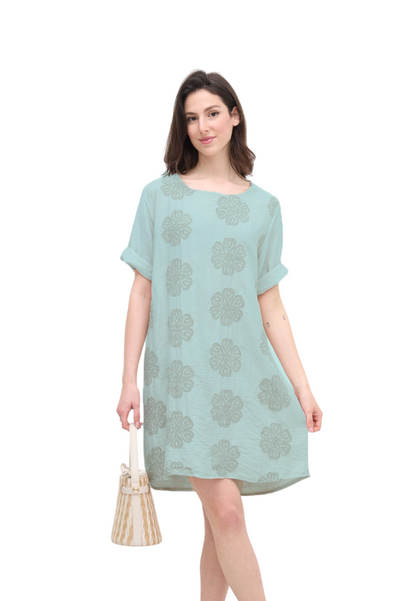 Italian Lagenlook Floral Embroidered Tunic Dress Short Sleeve Summer Dress