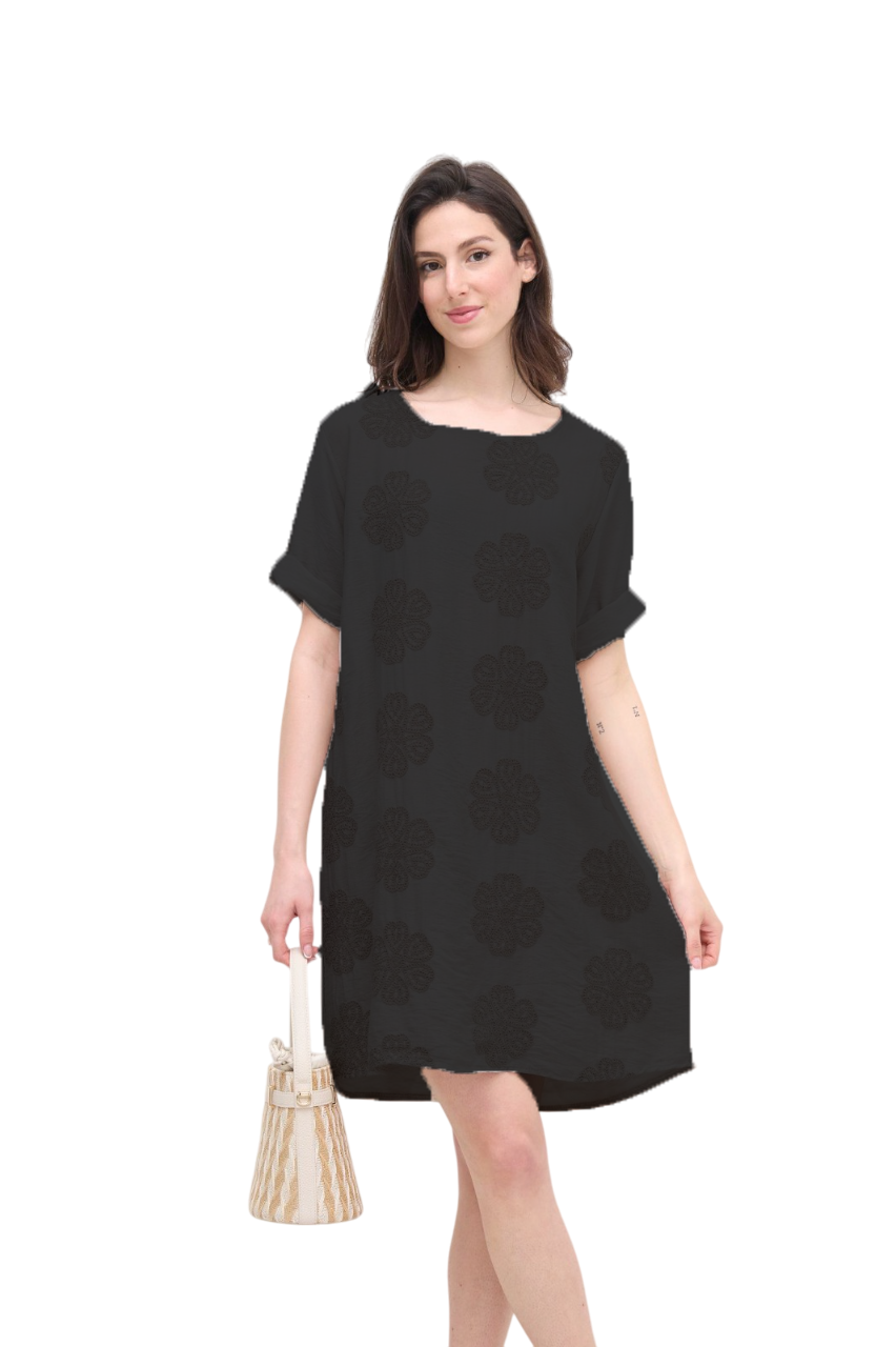 Italian Lagenlook Floral Embroidered Tunic Dress Short Sleeve Summer Dress