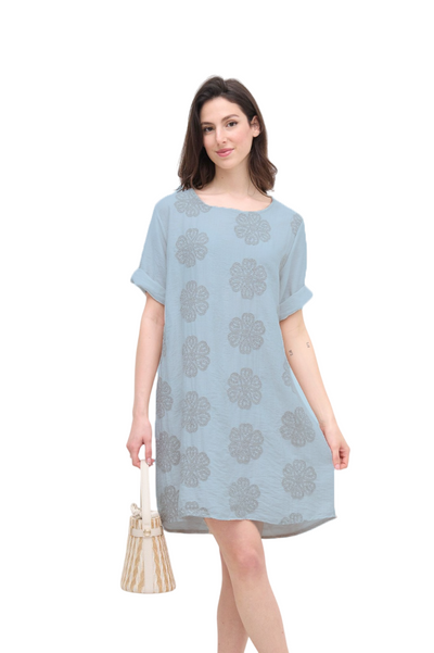 Italian Lagenlook Floral Embroidered Tunic Dress Short Sleeve Summer Dress