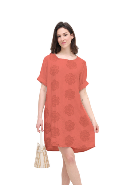 Italian Lagenlook Floral Embroidered Tunic Dress Short Sleeve Summer Dress