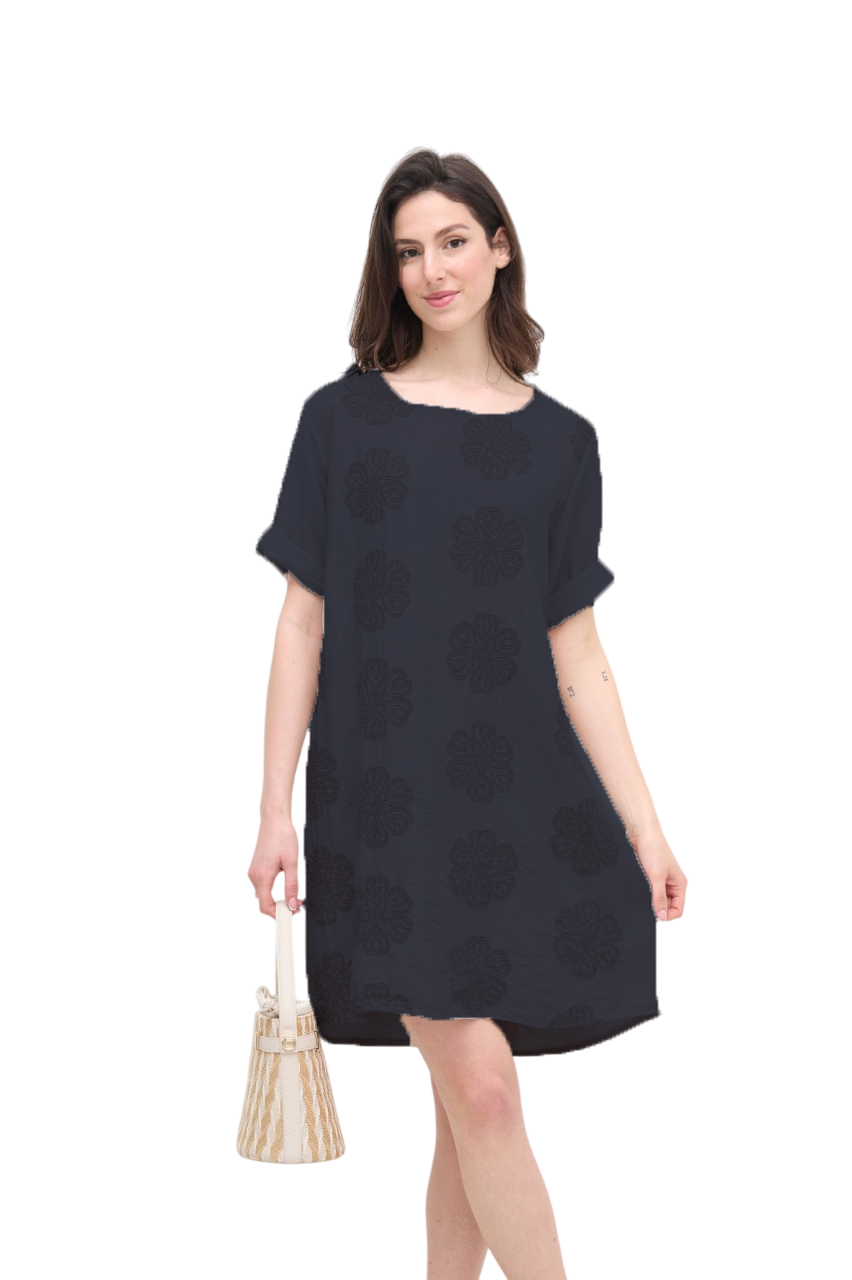 Italian Lagenlook Floral Embroidered Tunic Dress Short Sleeve Summer Dress