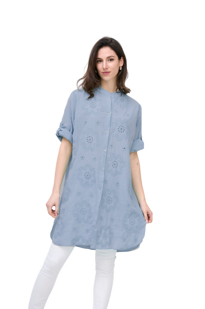 Italian Lagenlook Floral Embroidered Lightweight Cotton Summer Button Through Shirt Dress
