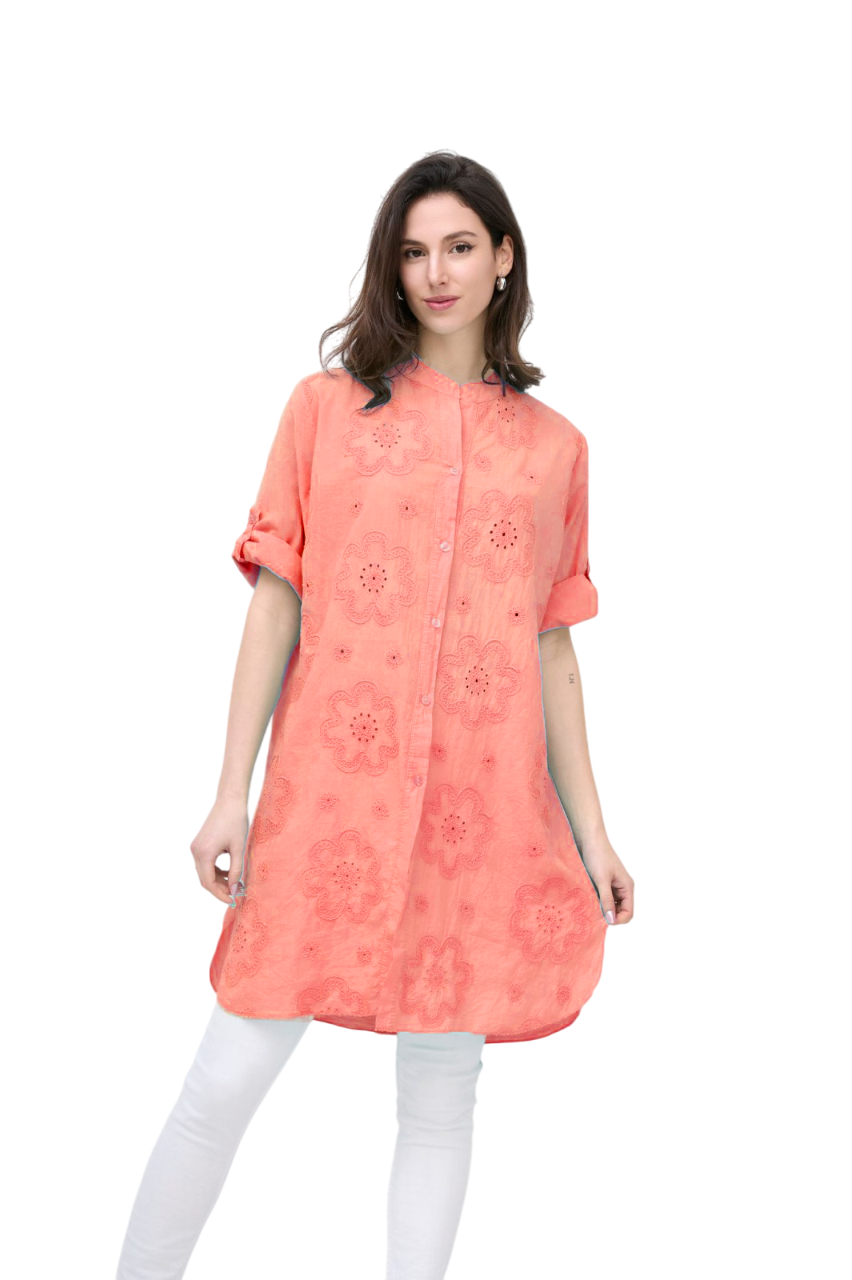 Italian Lagenlook Floral Embroidered Lightweight Cotton Summer Button Through Shirt Dress