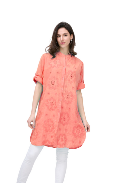 Italian Lagenlook Floral Embroidered Lightweight Cotton Summer Button Through Shirt Dress