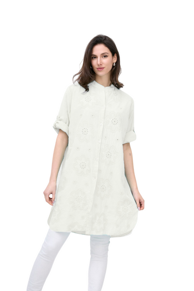 Italian Lagenlook Floral Embroidered Lightweight Cotton Summer Button Through Shirt Dress