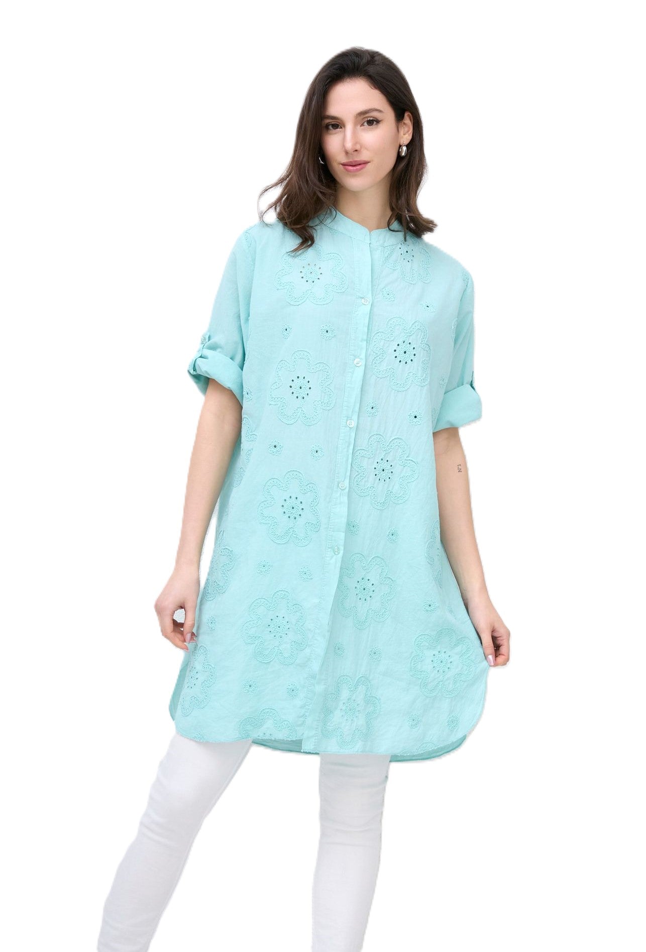 Italian Lagenlook Floral Embroidered Lightweight Cotton Summer Button Through Shirt Dress