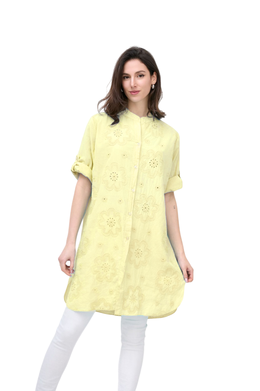 Italian Lagenlook Floral Embroidered Lightweight Cotton Summer Button Through Shirt Dress