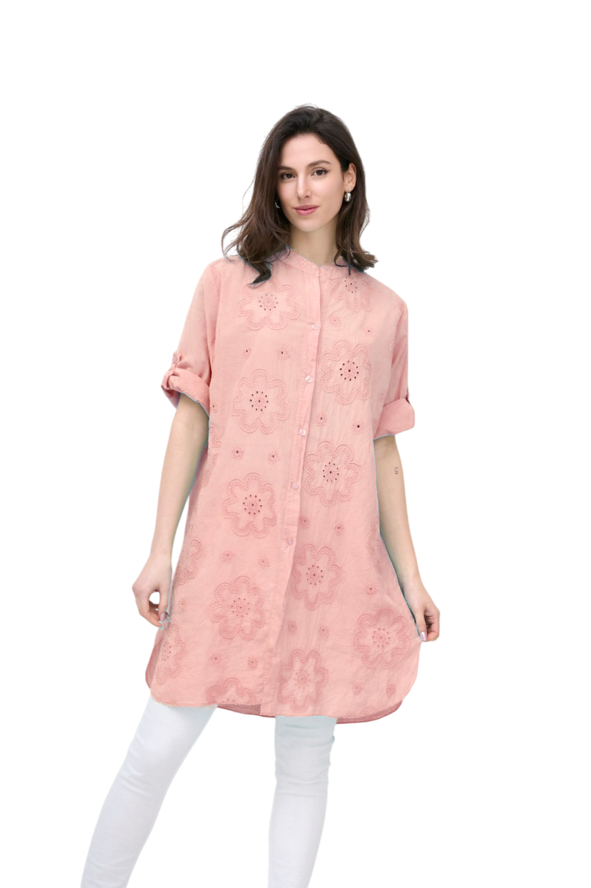 Italian Lagenlook Floral Embroidered Lightweight Cotton Summer Button Through Shirt Dress