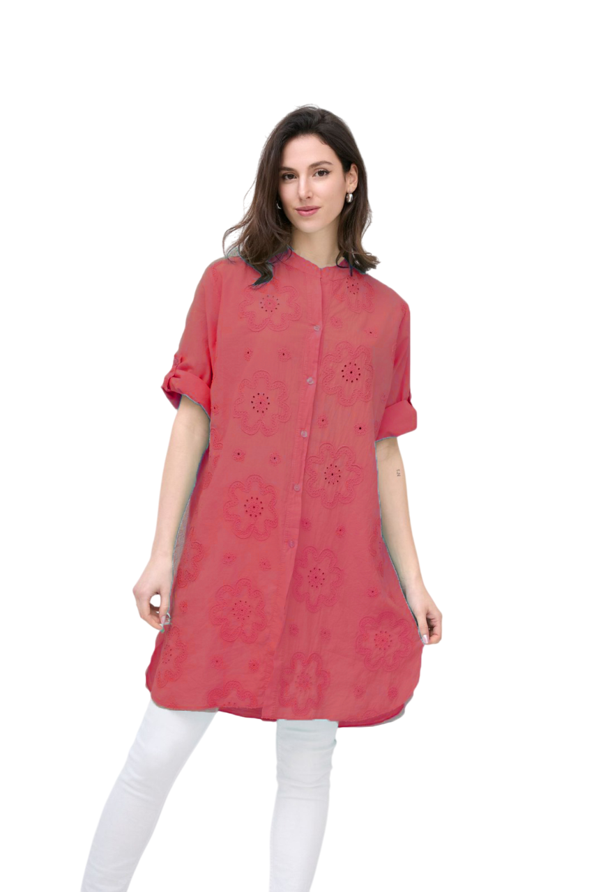 Italian Lagenlook Floral Embroidered Lightweight Cotton Summer Button Through Shirt Dress