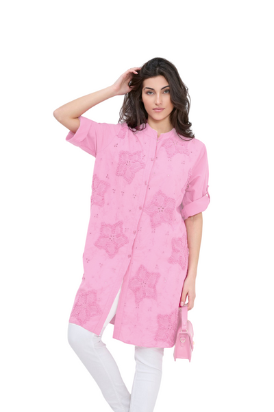 Italian Lagenlook Floral Star Embroidered Lightweight Cotton Summer Button Through Shirt Dress