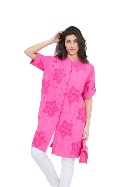 Italian Lagenlook Floral Star Embroidered Lightweight Cotton Summer Button Through Shirt Dress