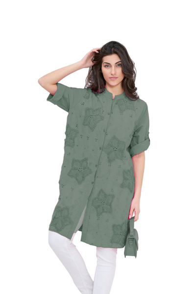 Italian Lagenlook Floral Star Embroidered Lightweight Cotton Summer Button Through Shirt Dress