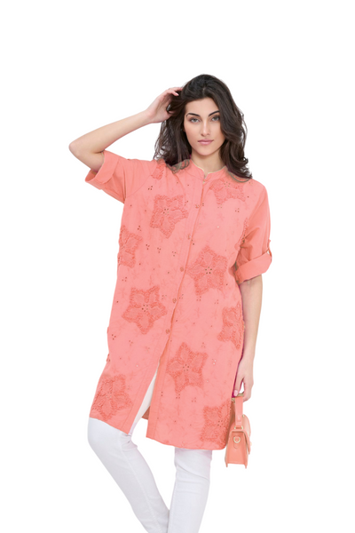 Italian Lagenlook Floral Star Embroidered Lightweight Cotton Summer Button Through Shirt Dress