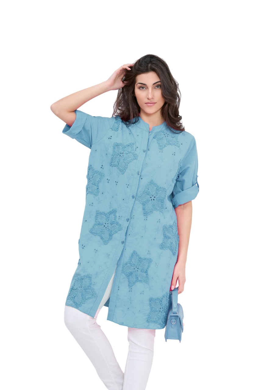 Italian Lagenlook Floral Star Embroidered Lightweight Cotton Summer Button Through Shirt Dress