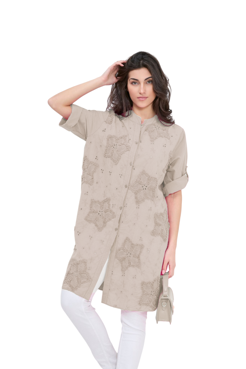 Italian Lagenlook Floral Star Embroidered Lightweight Cotton Summer Button Through Shirt Dress