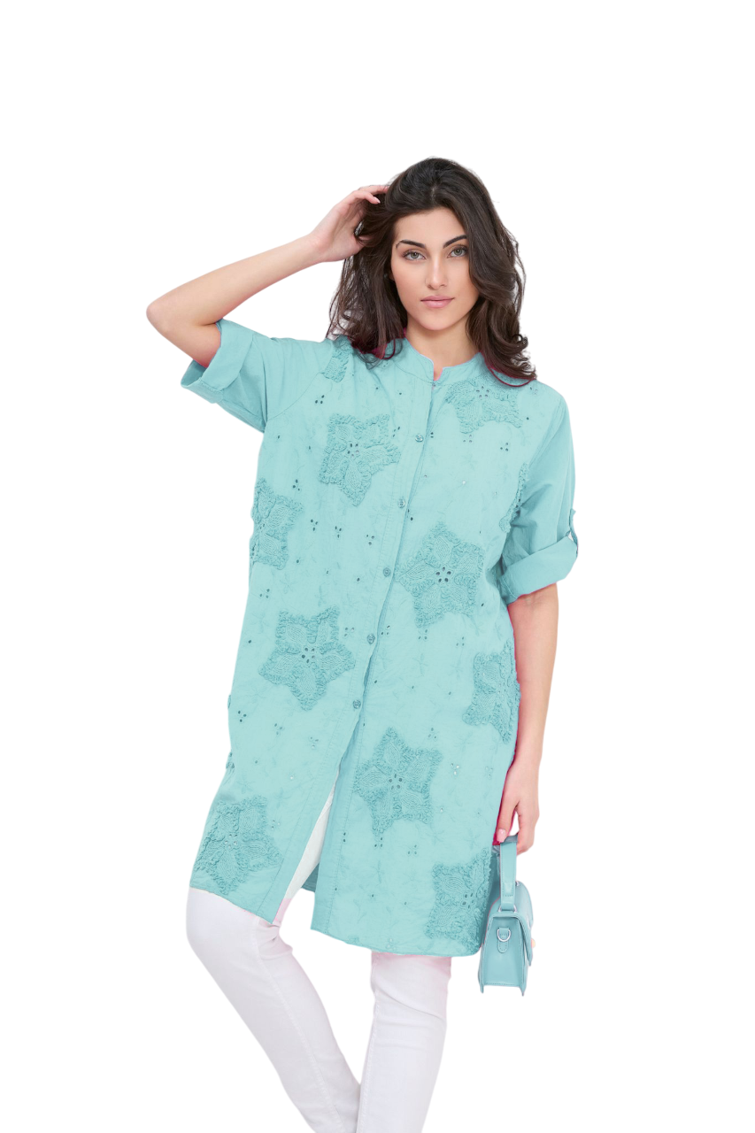 Italian Lagenlook Floral Star Embroidered Lightweight Cotton Summer Button Through Shirt Dress