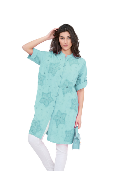 Italian Lagenlook Floral Star Embroidered Lightweight Cotton Summer Button Through Shirt Dress