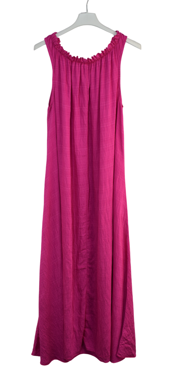 Ladies Italian Lagenlook Ruched Neck Sleeveless Maxi Long Dress with Elasticated Neckline