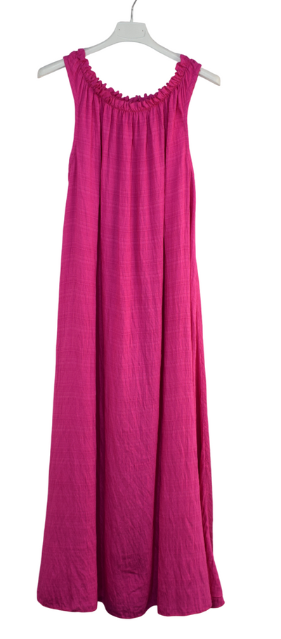 Ladies Italian Lagenlook Ruched Neck Sleeveless Maxi Long Dress with Elasticated Neckline