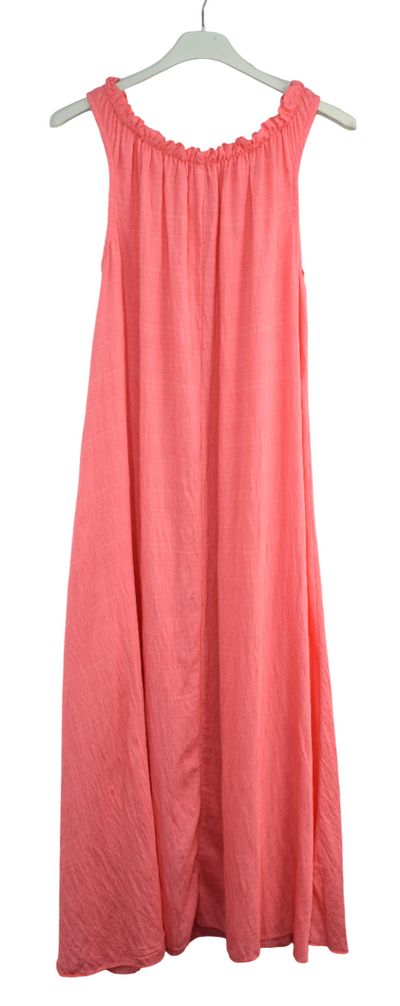 Ladies Italian Lagenlook Ruched Neck Sleeveless Maxi Long Dress with Elasticated Neckline