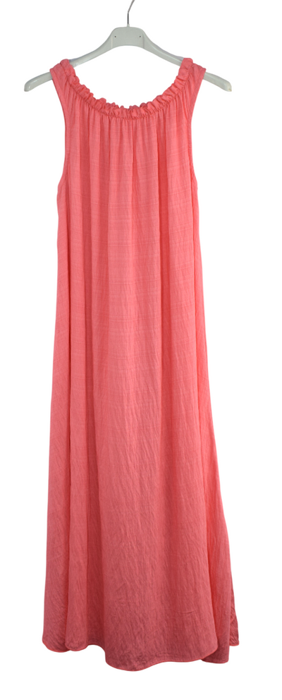 Ladies Italian Lagenlook Ruched Neck Sleeveless Maxi Long Dress with Elasticated Neckline