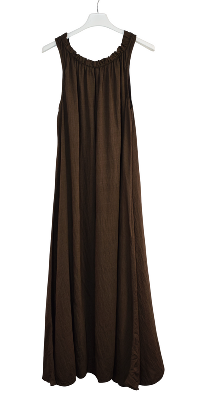 Ladies Italian Lagenlook Ruched Neck Sleeveless Maxi Long Dress with Elasticated Neckline