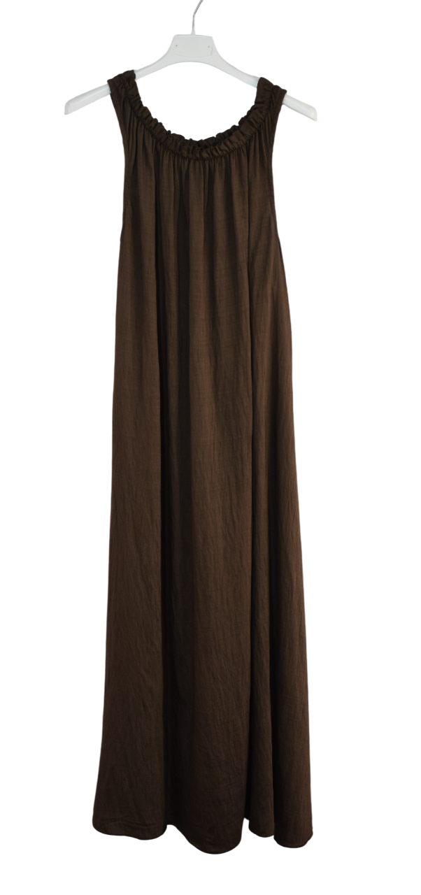 Ladies Italian Lagenlook Ruched Neck Sleeveless Maxi Long Dress with Elasticated Neckline
