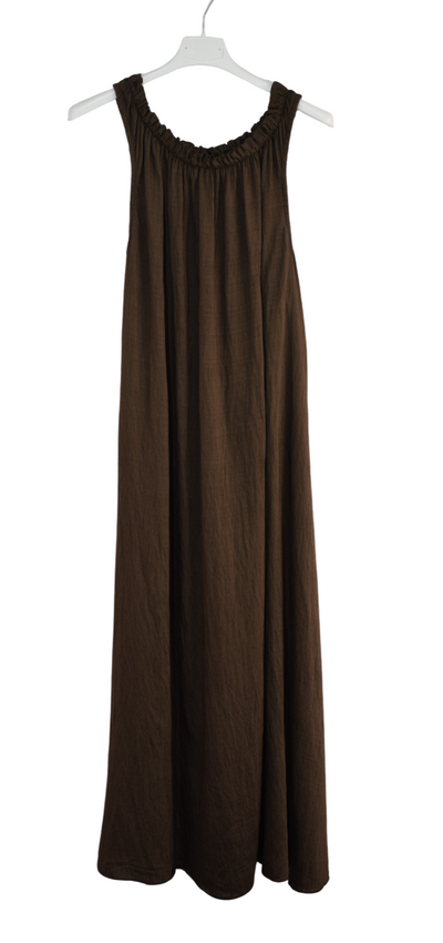 Ladies Italian Lagenlook Ruched Neck Sleeveless Maxi Long Dress with Elasticated Neckline