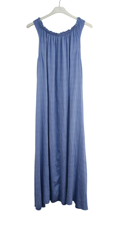 Ladies Italian Lagenlook Ruched Neck Sleeveless Maxi Long Dress with Elasticated Neckline
