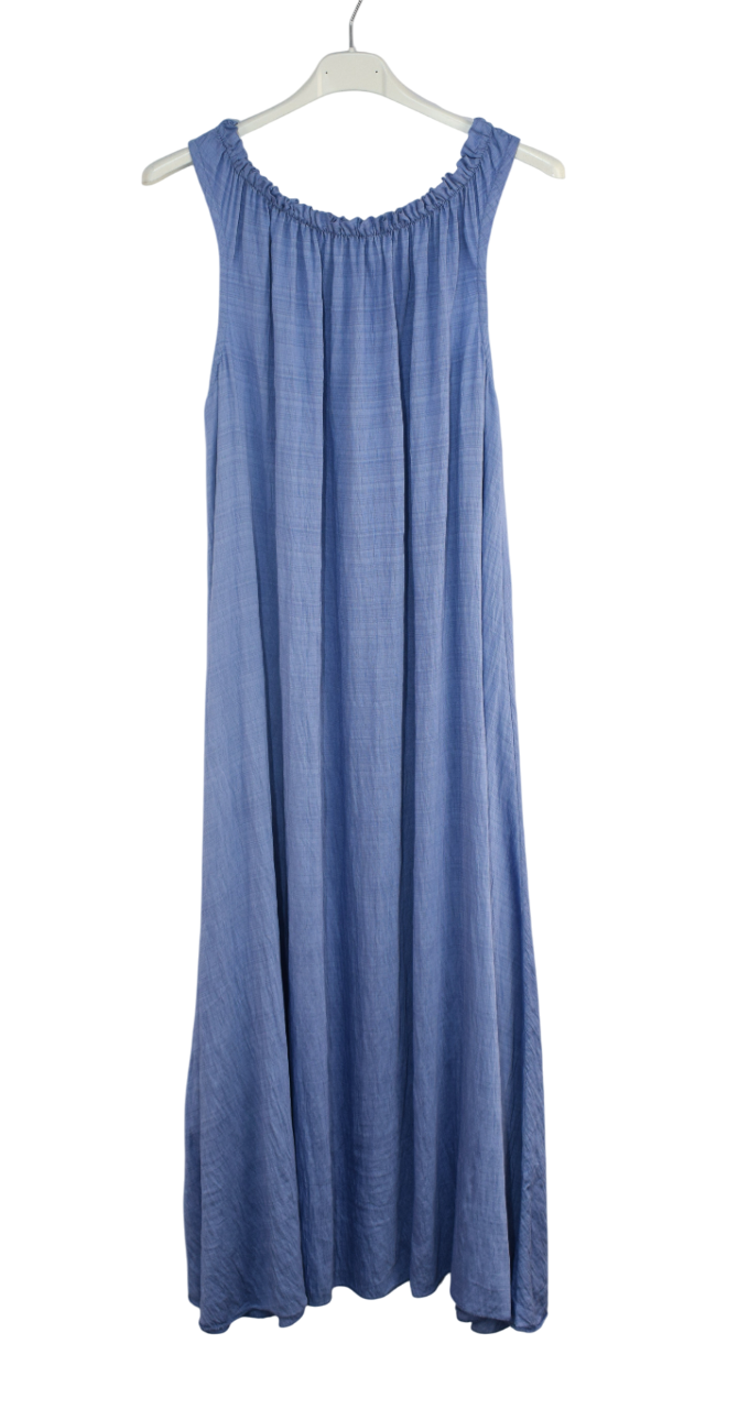 Ladies Italian Lagenlook Ruched Neck Sleeveless Maxi Long Dress with Elasticated Neckline